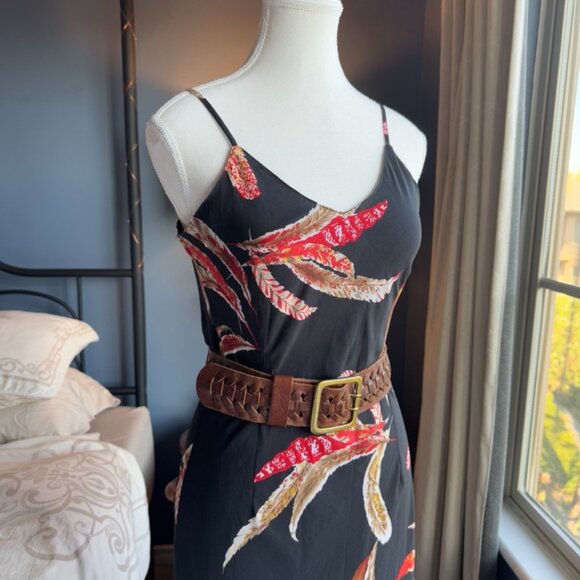 Black w Tropical Red Feather Print Chiffon Midi Dress - Picture 5 of 15